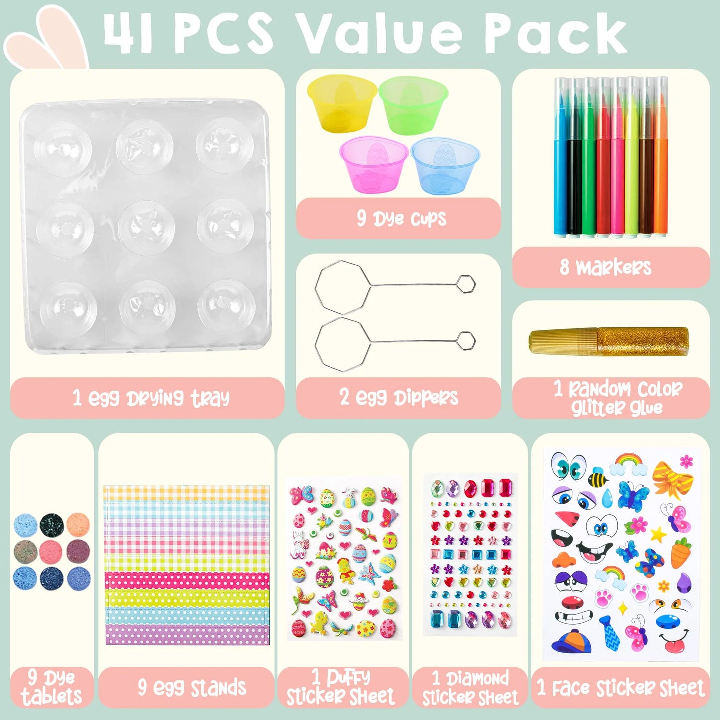 JOYFY 41Pcs Easter Egg Dye Kit,DIY Easter Egg Decorating Craft Kit with Egg Tray
