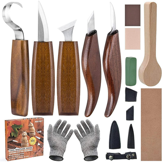 Wood Carving Tools 13pcs Wood Carving Kits - Includes Hook Carving Knife Detail Wood Knife Whittling Knife Oblique Knife Trimming Knife Chip Carving Knife for Beginners