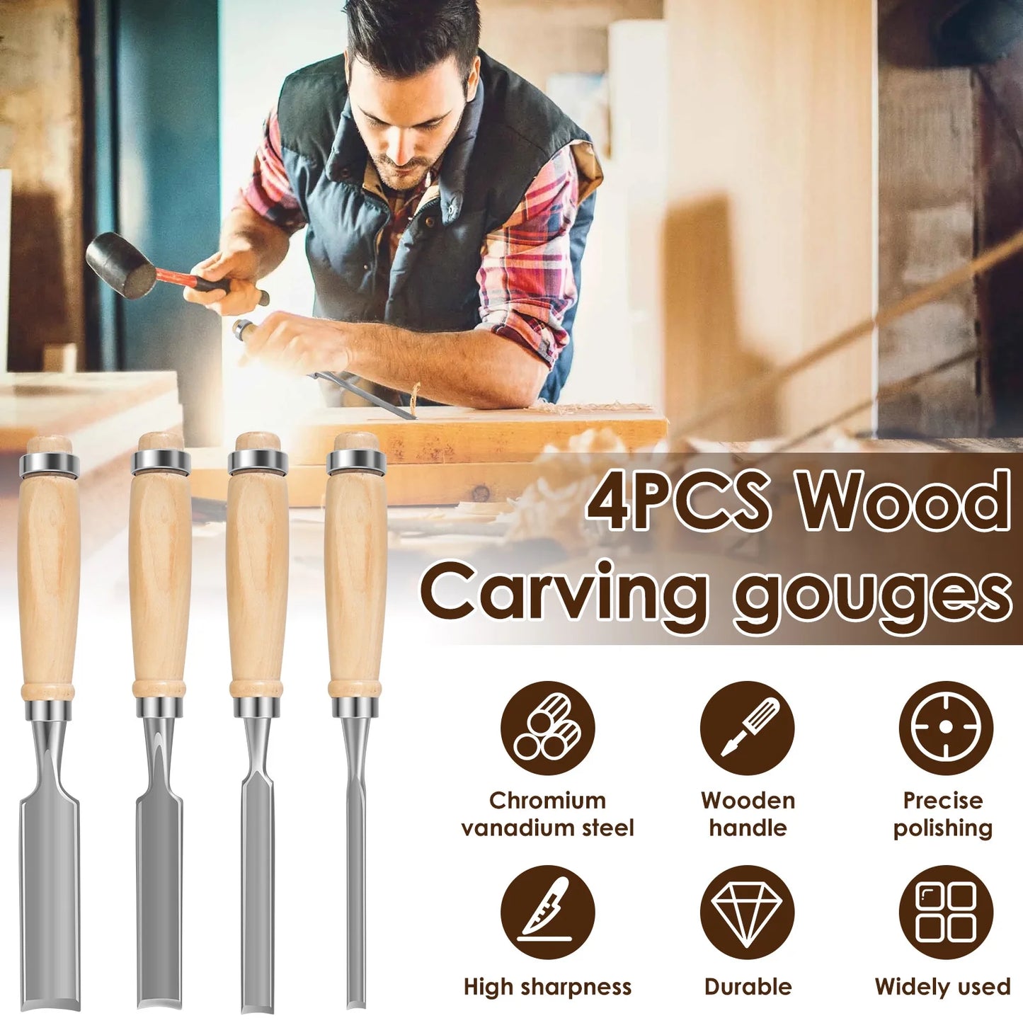 NUAHRHY 4PCS Wood Carving Gouges Half-Round Chisel Carbon Steel Woodworking Chisel Woodworking Tool Set 1/4inch 1/2inch 3/4inch 1inch Sharp Half-Circle Chisel Tool for Wood Engraving Carpenter